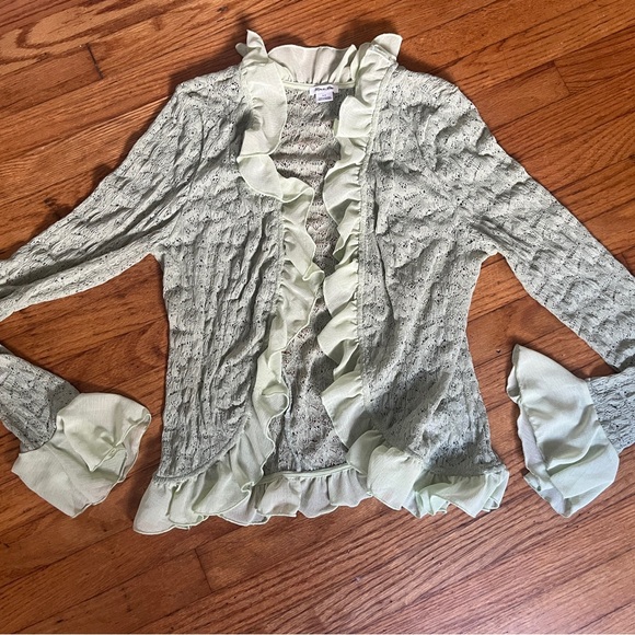 Libby Ruffle Trim Flyaway Lace Cardigan Top in Green - Picture 4 of 6
